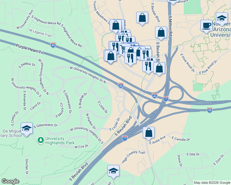 map of restaurants, bars, coffee shops, grocery stores, and more near 3070 South Troxler Circle in Flagstaff