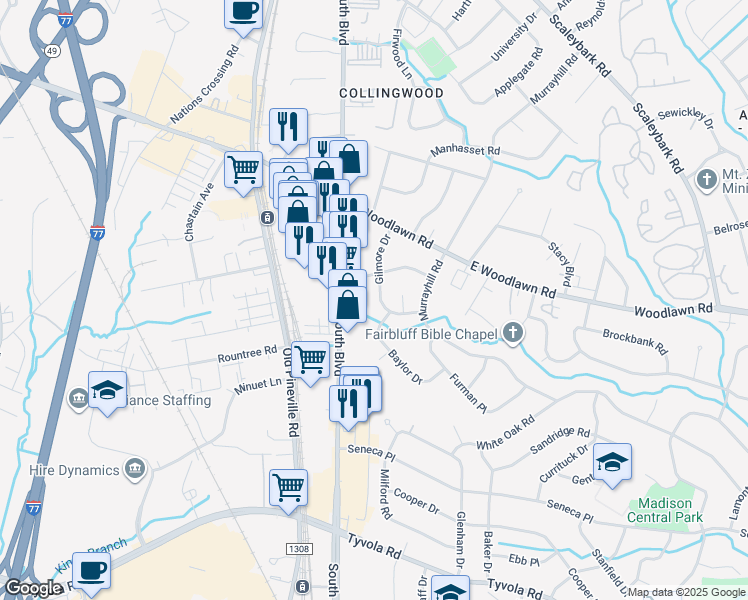 map of restaurants, bars, coffee shops, grocery stores, and more near 4805 Gilmore Drive in Charlotte
