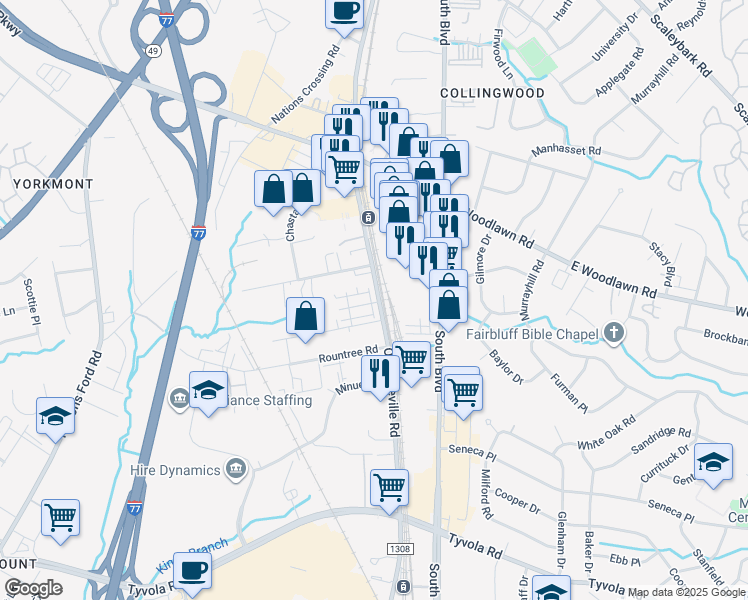 map of restaurants, bars, coffee shops, grocery stores, and more near 4901 Old Pineville Road in Charlotte