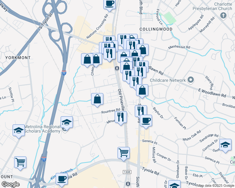 map of restaurants, bars, coffee shops, grocery stores, and more near 4901 Old Pineville Road in Charlotte