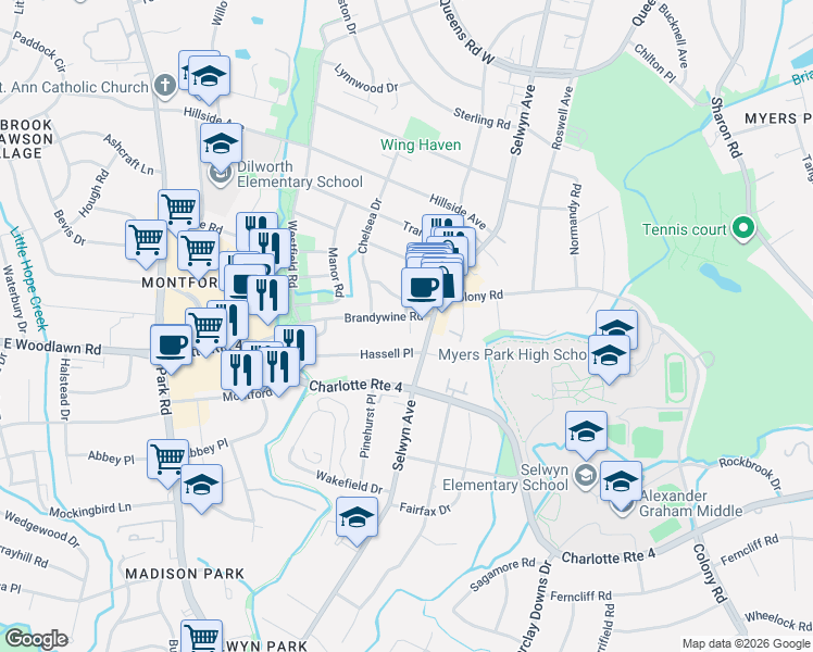 map of restaurants, bars, coffee shops, grocery stores, and more near in Charlotte