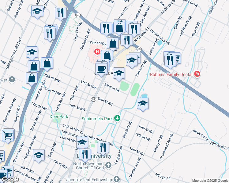 map of restaurants, bars, coffee shops, grocery stores, and more near 140 22nd Street Northeast in Cleveland