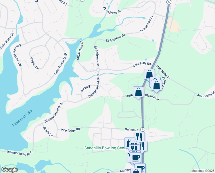 map of restaurants, bars, coffee shops, grocery stores, and more near 1704 Cabot Circle in Pinehurst