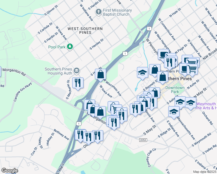 map of restaurants, bars, coffee shops, grocery stores, and more near 670 Kensington Road in Southern Pines