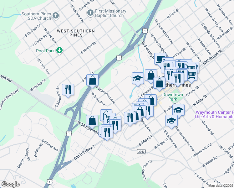 map of restaurants, bars, coffee shops, grocery stores, and more near 350 West Illinois Avenue in Southern Pines