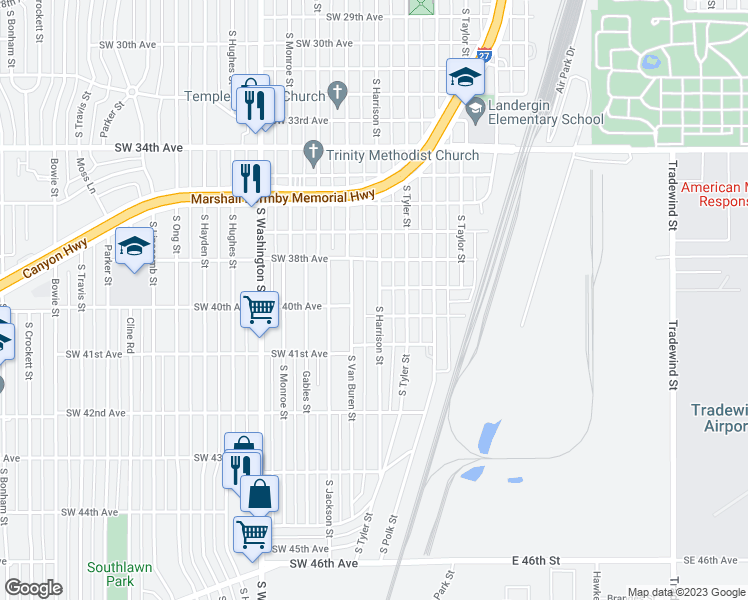 map of restaurants, bars, coffee shops, grocery stores, and more near 3904 South Harrison Street in Amarillo