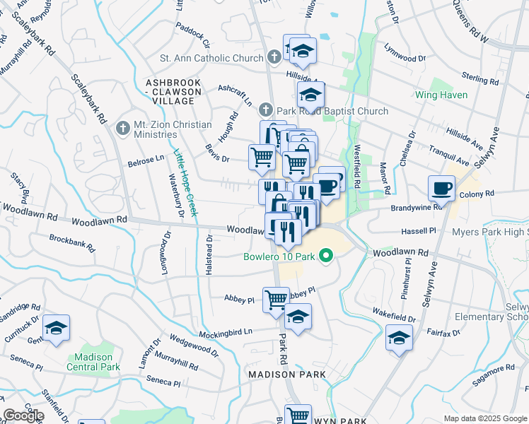 map of restaurants, bars, coffee shops, grocery stores, and more near 4304 Park Road in Charlotte