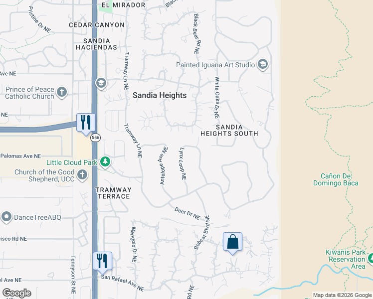 map of restaurants, bars, coffee shops, grocery stores, and more near 9101 Lynx Loop Northeast in Albuquerque
