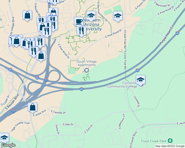 map of restaurants, bars, coffee shops, grocery stores, and more near 2300-2302 Huffer Ln in Flagstaff