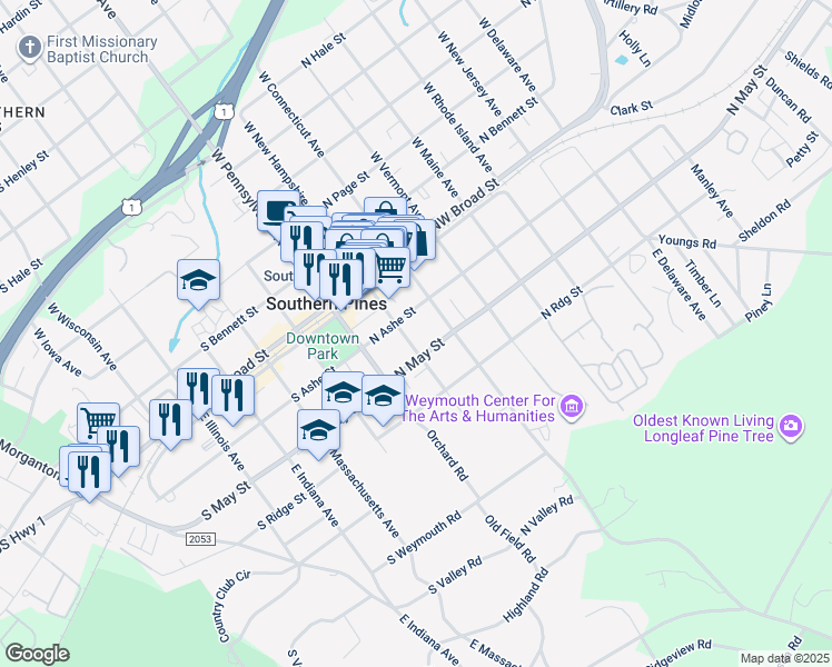map of restaurants, bars, coffee shops, grocery stores, and more near 235 North Ashe Street in Southern Pines