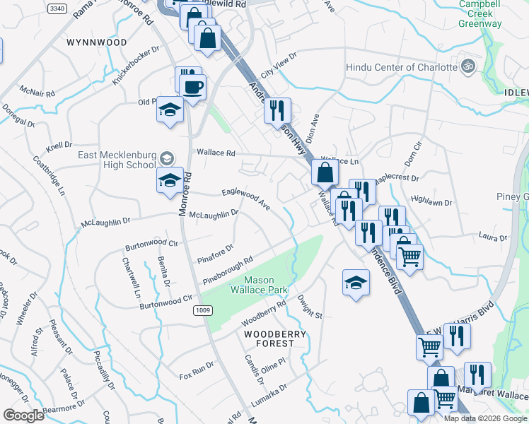 map of restaurants, bars, coffee shops, grocery stores, and more near 915 Eaglewood Avenue in Charlotte