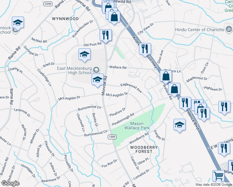 map of restaurants, bars, coffee shops, grocery stores, and more near 1043 Eaglewood Avenue in Charlotte