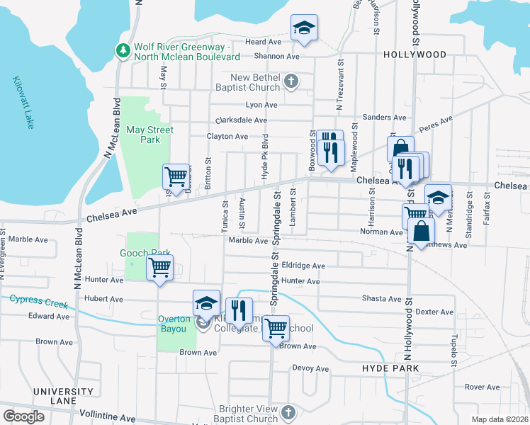 map of restaurants, bars, coffee shops, grocery stores, and more near 1359 Hyde Park Boulevard in Memphis