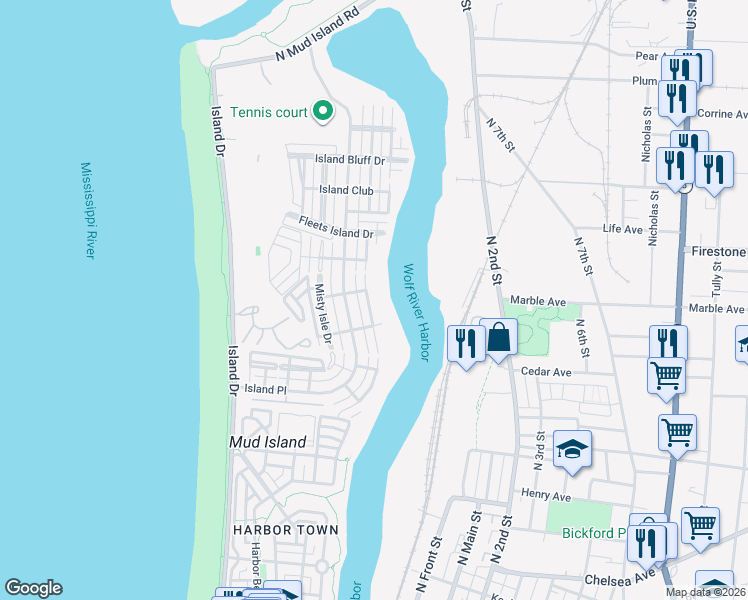 map of restaurants, bars, coffee shops, grocery stores, and more near 1220 Harbor River Drive in Memphis