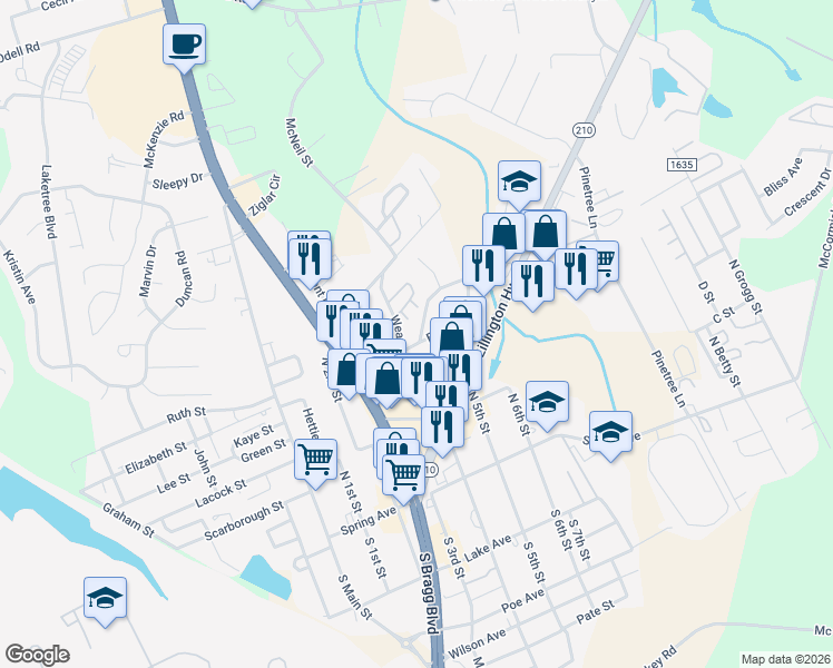 map of restaurants, bars, coffee shops, grocery stores, and more near 300-398 Weaver St in Spring Lake