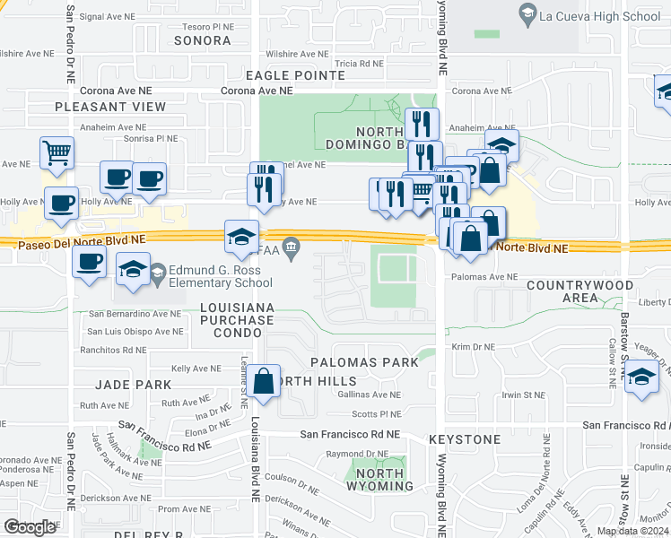 map of restaurants, bars, coffee shops, grocery stores, and more near 7216 Turtledove Lane Northeast in Albuquerque