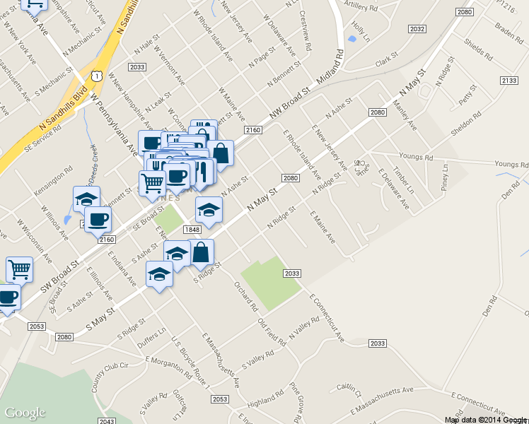 map of restaurants, bars, coffee shops, grocery stores, and more near 339 North May Street in Southern Pines