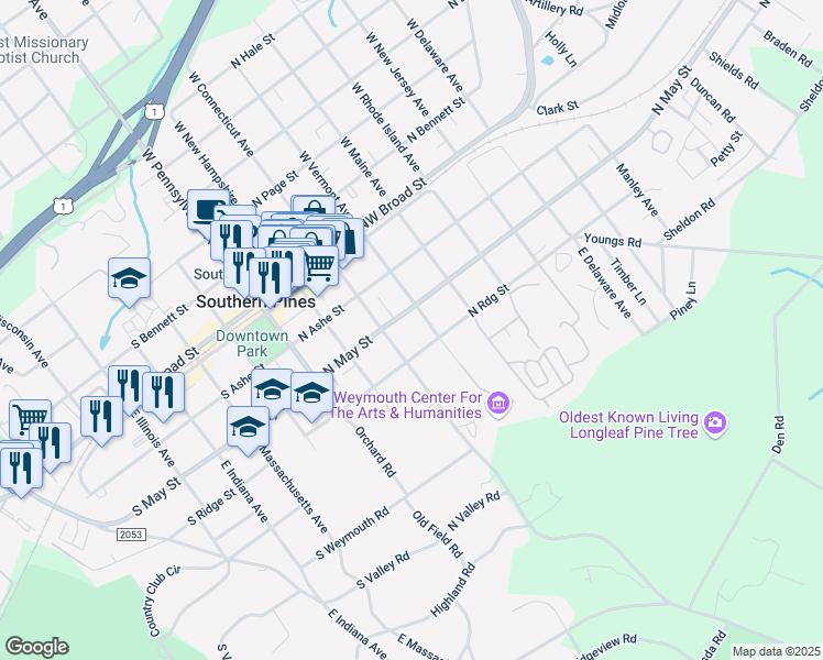 map of restaurants, bars, coffee shops, grocery stores, and more near 339 North May Street in Southern Pines