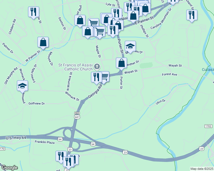 map of restaurants, bars, coffee shops, grocery stores, and more near Hillcrest Circle in Franklin
