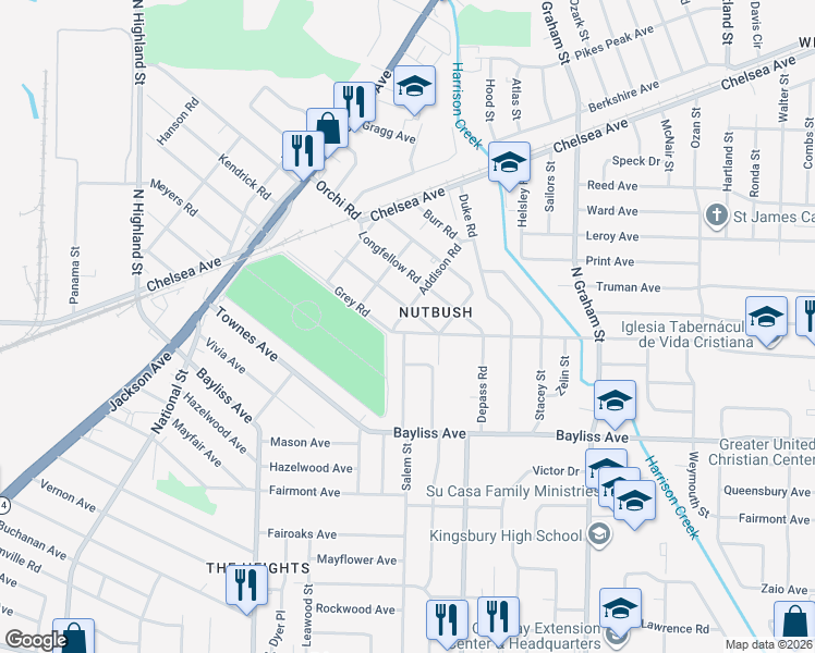map of restaurants, bars, coffee shops, grocery stores, and more near 1517 Addison Road in Memphis
