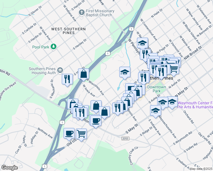 map of restaurants, bars, coffee shops, grocery stores, and more near 350 West Illinois Avenue in Southern Pines
