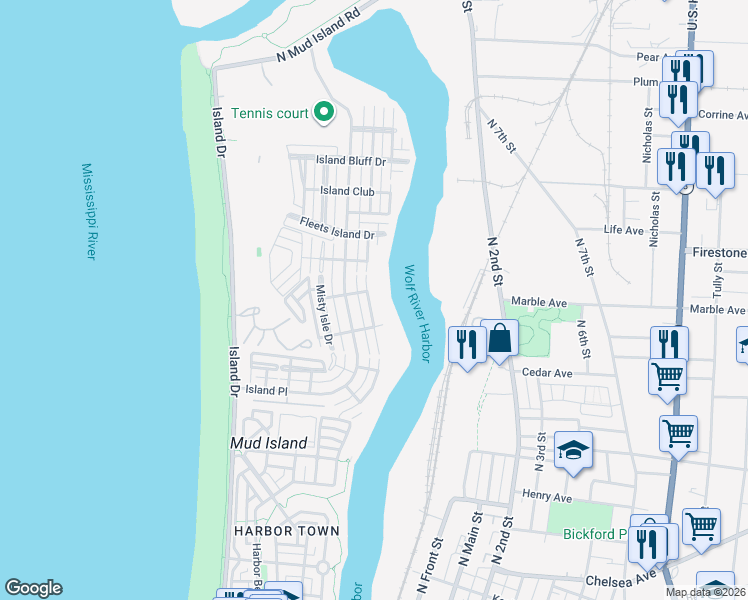 map of restaurants, bars, coffee shops, grocery stores, and more near 1220 Harbor River Drive in Memphis