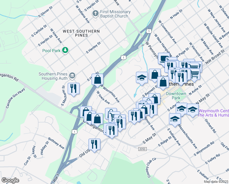 map of restaurants, bars, coffee shops, grocery stores, and more near 375 West Wisconsin Avenue in Southern Pines