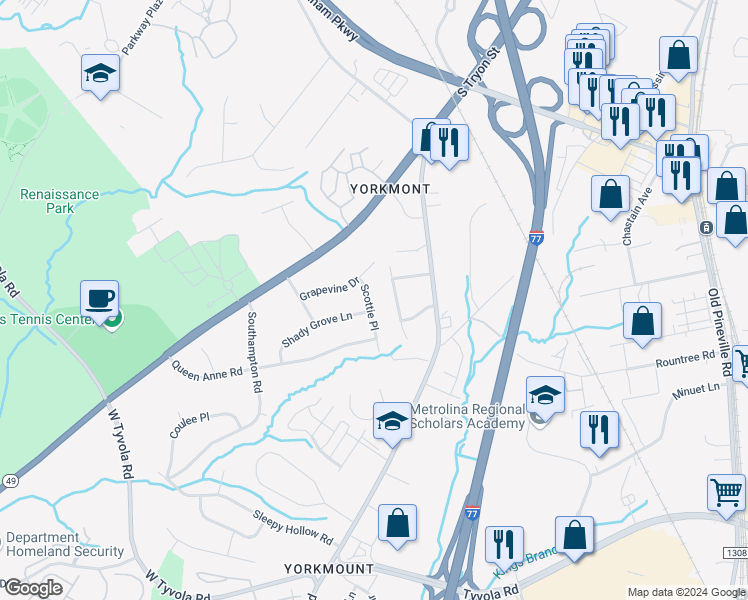 map of restaurants, bars, coffee shops, grocery stores, and more near 227 Scottie Place in Charlotte