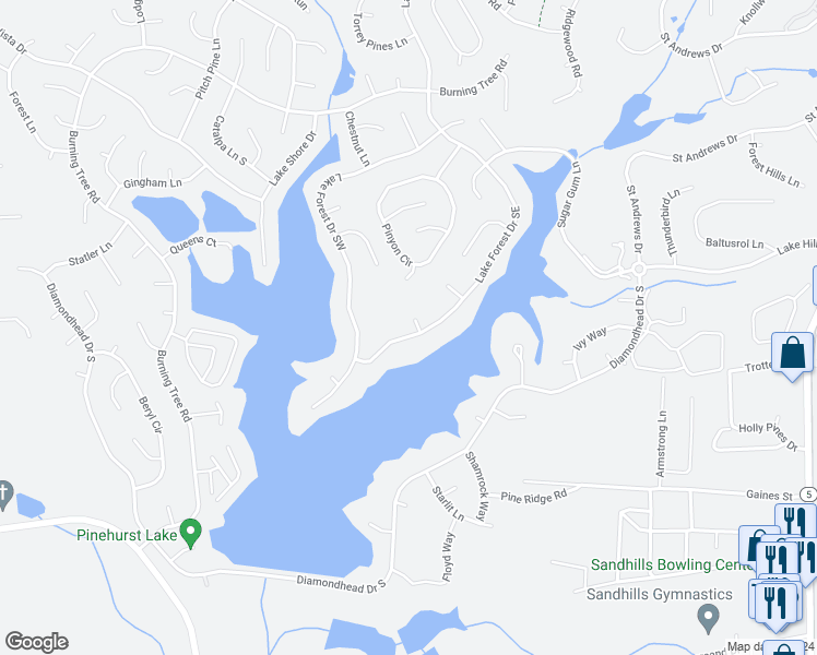 map of restaurants, bars, coffee shops, grocery stores, and more near 745 Lake Forest Drive Southeast in Pinehurst