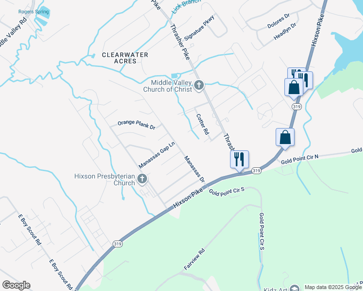 map of restaurants, bars, coffee shops, grocery stores, and more near 1381 Manassas Drive in Middle Valley