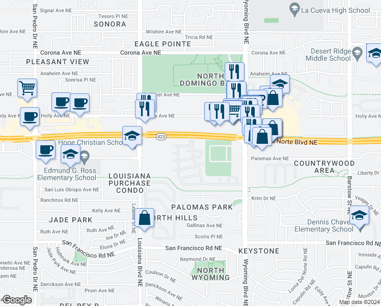 map of restaurants, bars, coffee shops, grocery stores, and more near 7228 Turtledove Lane Northeast in Albuquerque