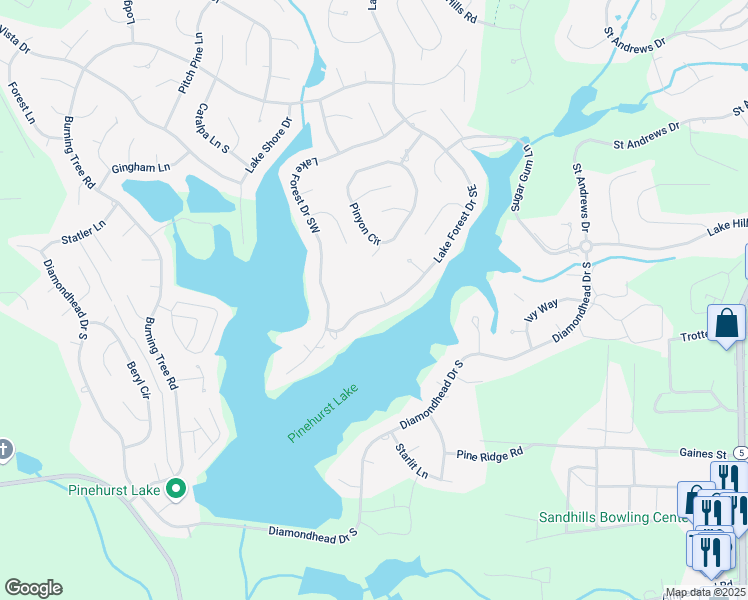 map of restaurants, bars, coffee shops, grocery stores, and more near 745 Lake Forest Drive Southeast in Pinehurst