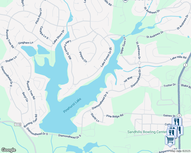 map of restaurants, bars, coffee shops, grocery stores, and more near Forest Creek Drive in Southern Pines