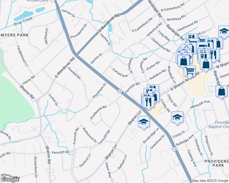 map of restaurants, bars, coffee shops, grocery stores, and more near 2600 Providence Road in Charlotte