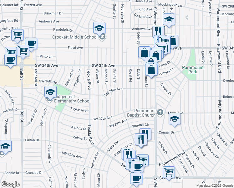 map of restaurants, bars, coffee shops, grocery stores, and more near 4601-4699 Southwest 36th Avenue in Amarillo