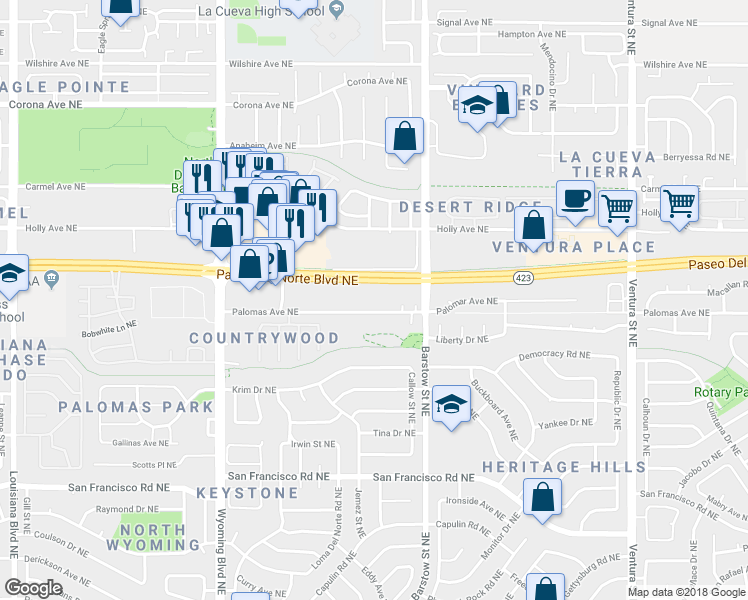map of restaurants, bars, coffee shops, grocery stores, and more near 8301 Palomas Avenue Northeast in Albuquerque