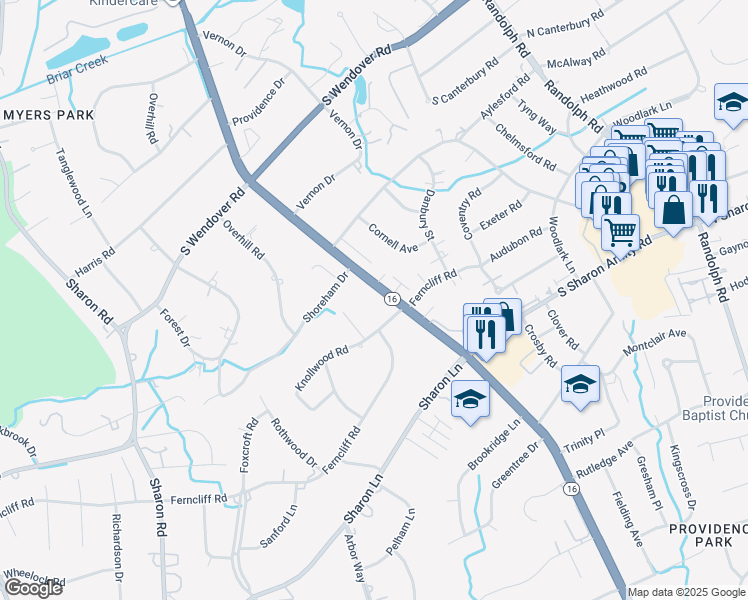 map of restaurants, bars, coffee shops, grocery stores, and more near 2600 Providence Road in Charlotte