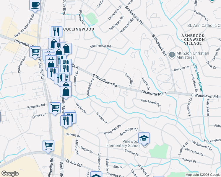 map of restaurants, bars, coffee shops, grocery stores, and more near 4201 Old Woods Road in Charlotte