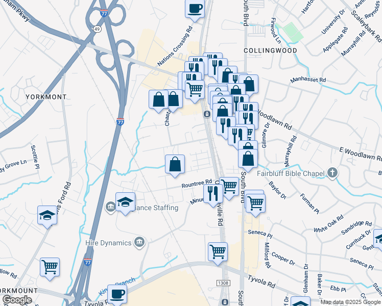 map of restaurants, bars, coffee shops, grocery stores, and more near 616 Springbrook Road in Charlotte