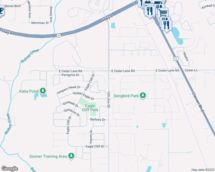 map of restaurants, bars, coffee shops, grocery stores, and more near 3704 Presidio Circle in Norman