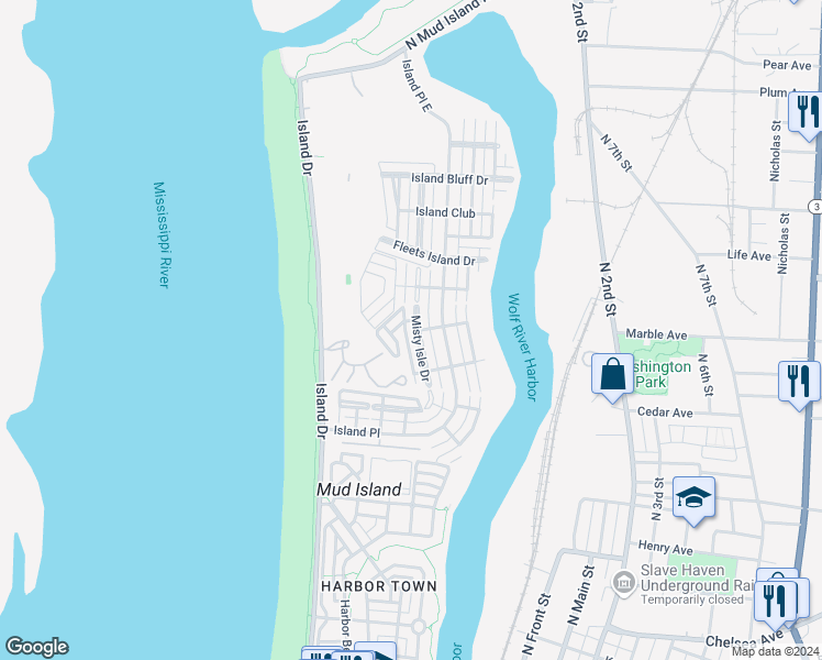 map of restaurants, bars, coffee shops, grocery stores, and more near 1221 Misty Isle Drive in Memphis