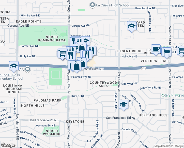 map of restaurants, bars, coffee shops, grocery stores, and more near 99999 Palomas Avenue Northeast in Albuquerque