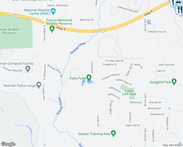 map of restaurants, bars, coffee shops, grocery stores, and more near 520 Sperry Drive in Norman