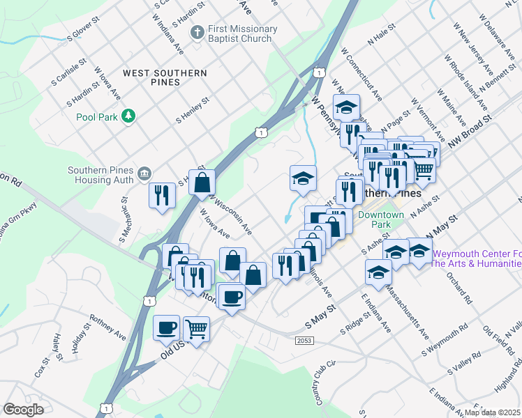 map of restaurants, bars, coffee shops, grocery stores, and more near 350 West Illinois Avenue in Southern Pines