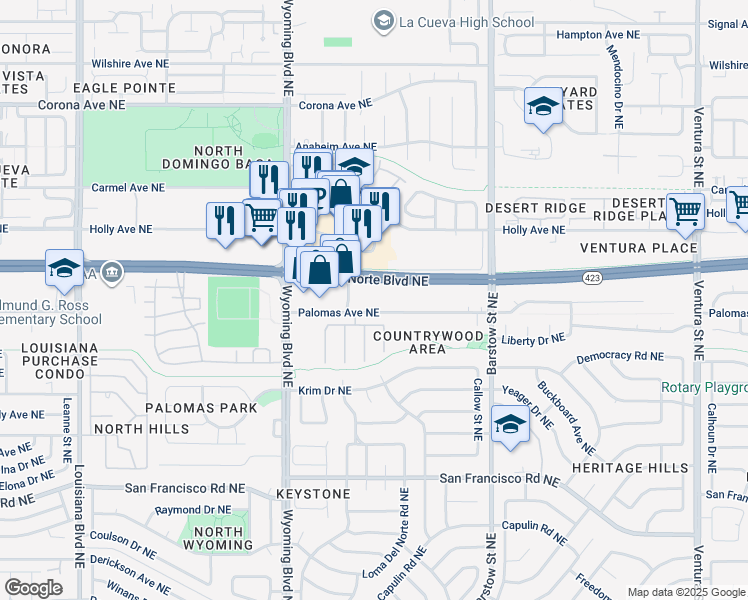 map of restaurants, bars, coffee shops, grocery stores, and more near 8051 Palomas Avenue Northeast in Albuquerque
