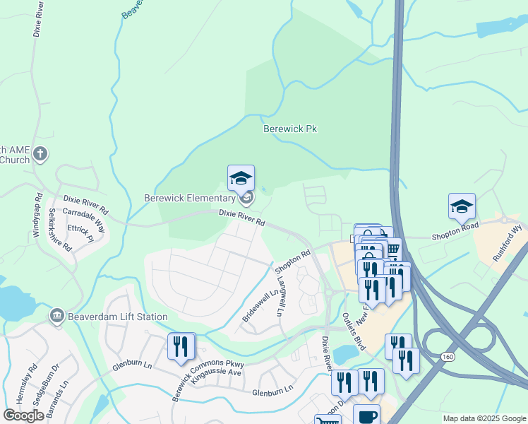 map of restaurants, bars, coffee shops, grocery stores, and more near 5832 Dixie River Road in Charlotte