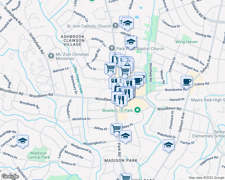 map of restaurants, bars, coffee shops, grocery stores, and more near 4310 Park Road in Charlotte
