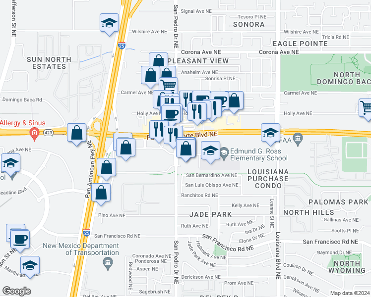 map of restaurants, bars, coffee shops, grocery stores, and more near 6401 Palomas Avenue Northeast in Albuquerque