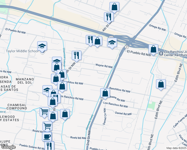 map of restaurants, bars, coffee shops, grocery stores, and more near 301 Sarah Lane Northwest in Albuquerque