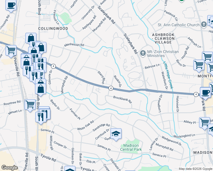 map of restaurants, bars, coffee shops, grocery stores, and more near 4318 Darwin Circle in Charlotte